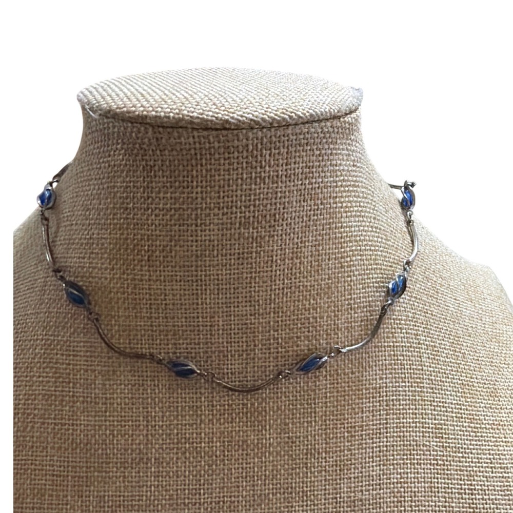 Silver Tone Blue Beaded Curved Bar Link Choker Necklace Adjustable Elegant Layer